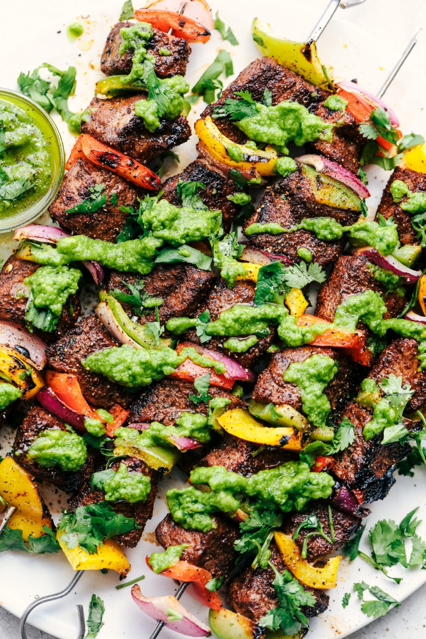 Grilled Steak Fajita Skewers with Avocado Chimichurri Grilled Steak Fajita Skewers with Avocado Chimichurri
